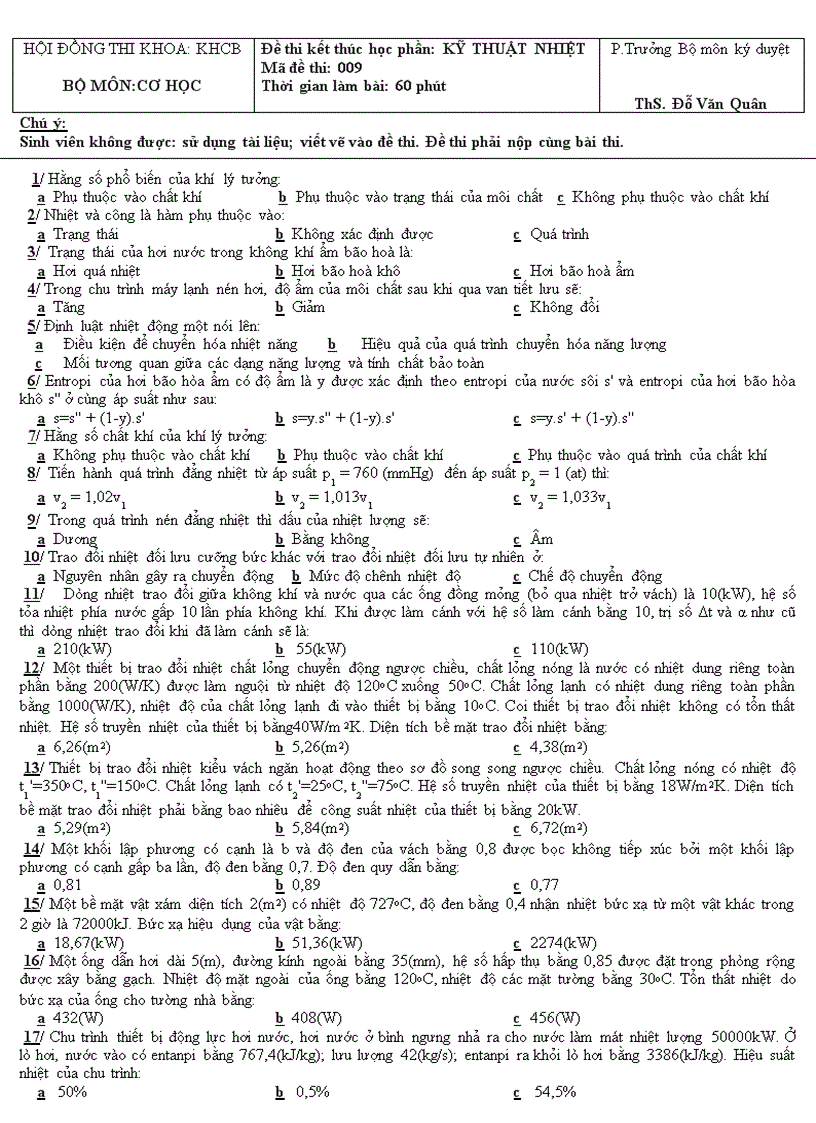 Đề thi kết thúc học phần KỸ THUẬT NHIỆT 009
