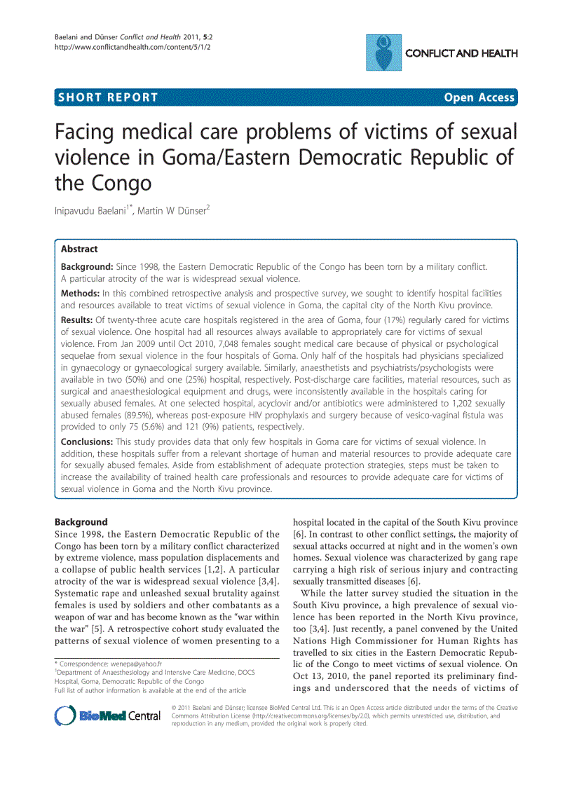 Báo cáo y học Facing medical care problems of victims of sexual violence in Goma Eastern Democratic Republic of the Congo