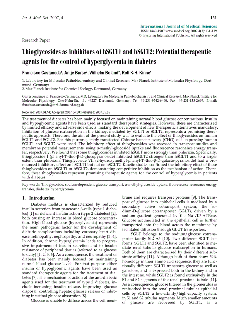 Báo cáo y học Thioglycosides as inhibitors of hSGLT1 and hSGLT2 Potential therapeutic agents for the control of hyperglycemia in diabetes