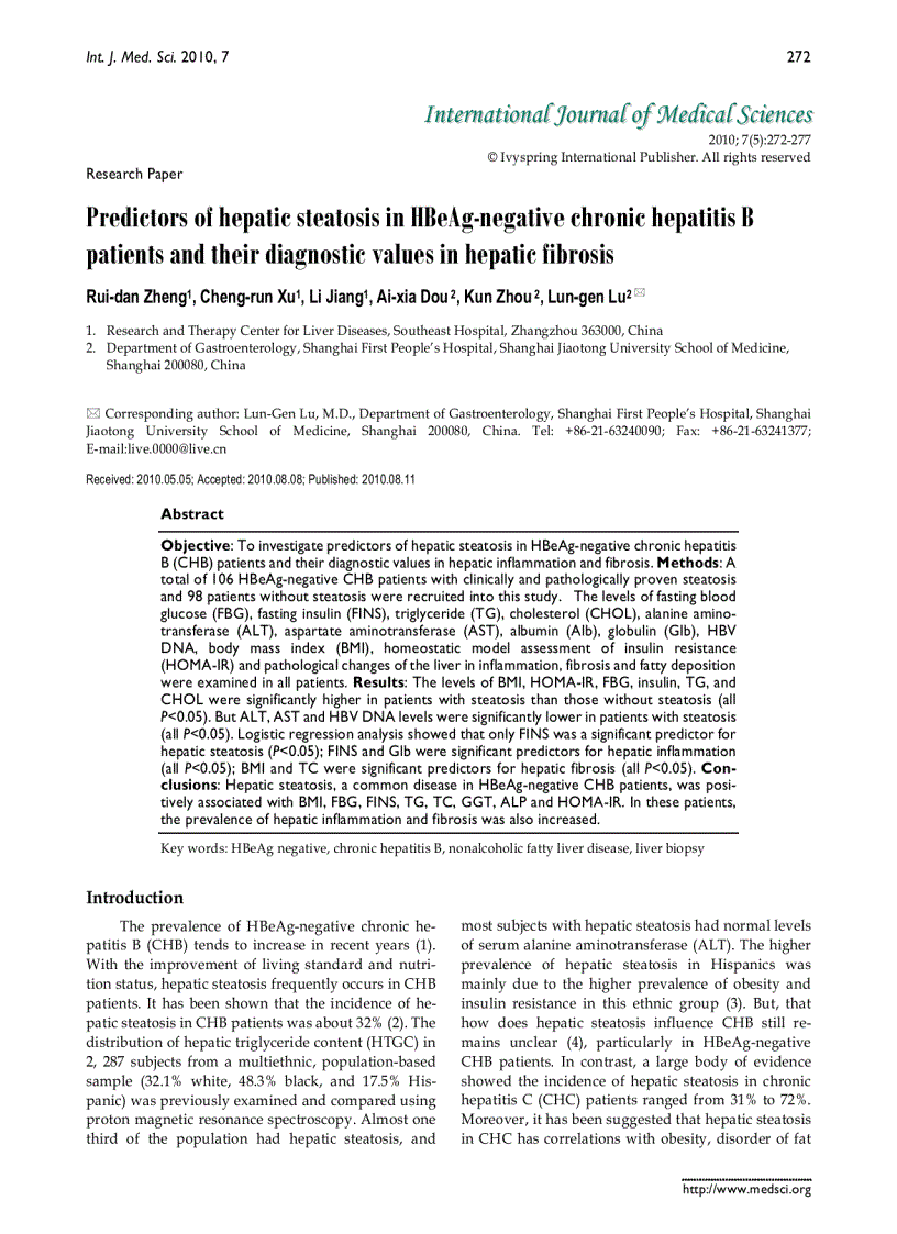 Báo cáo y học Predictors of hepatic steatosis in HBeAg negative chronic hepatitis B patients and their diagnostic values in hepatic fibrosis