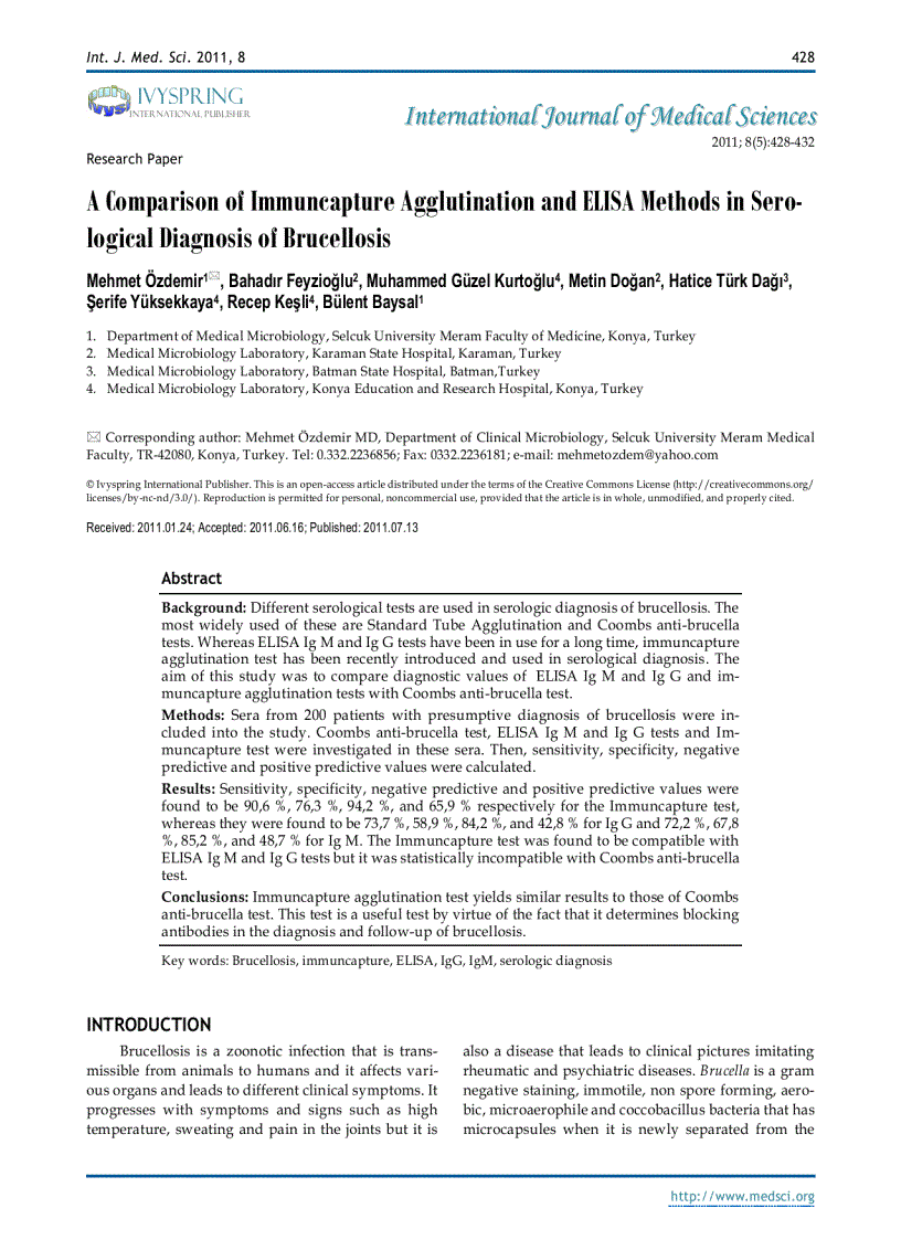 Báo cáo y học A Comparison of Immuncapture Agglutination and ELISA Methods in Serological Diagnosis of Brucellosis