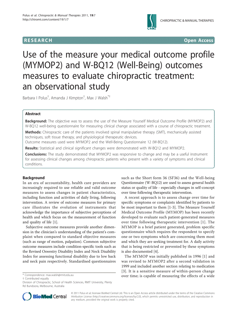 Báo cáo y học Use of the measure your medical outcome profile MYMOP2 and W BQ12 Well Being outcomes measures to evaluate chiropractic treatment an observational study