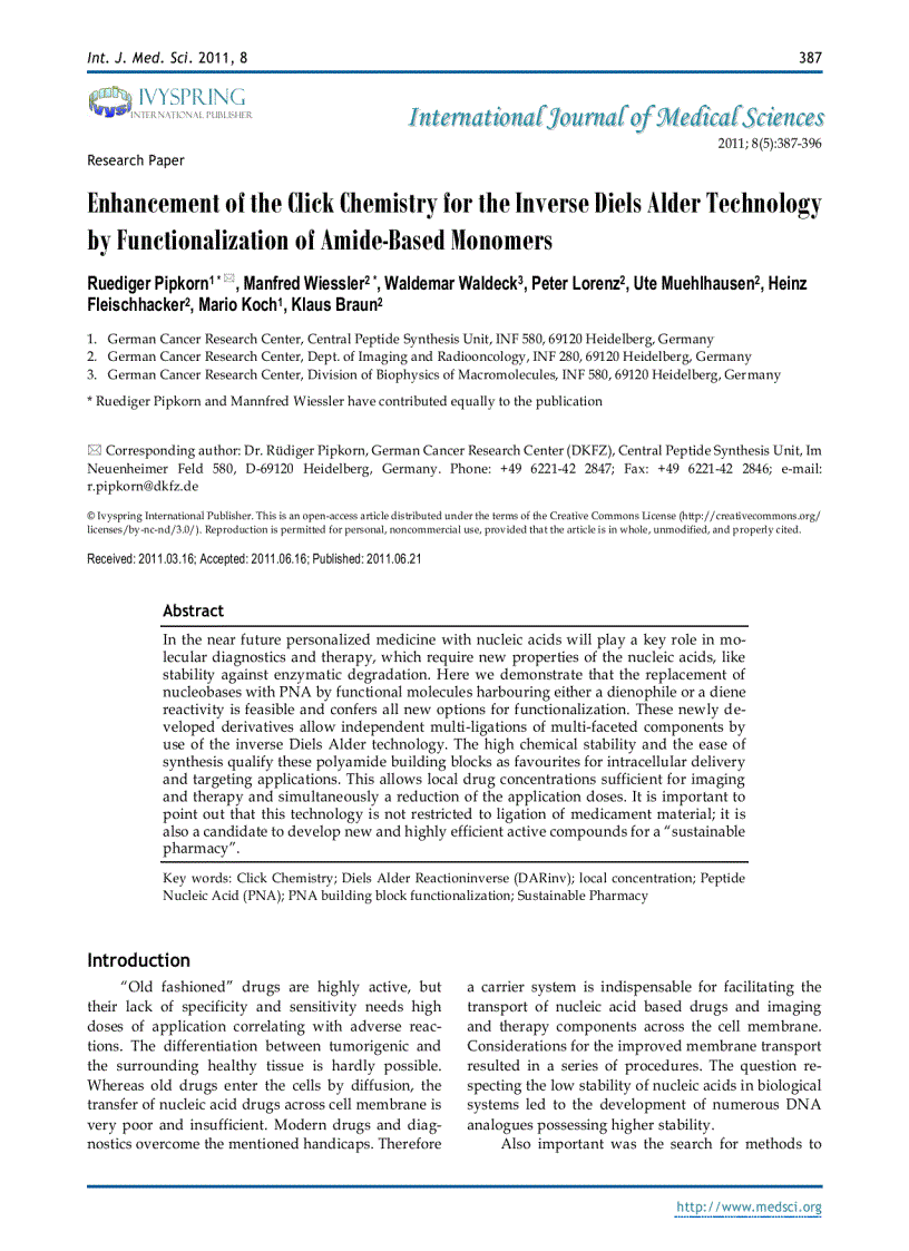 Báo cáo y học Enhancement of the Click Chemistry for the Inverse Diels Alder Technology by Functionalization of Amide Based Monomers