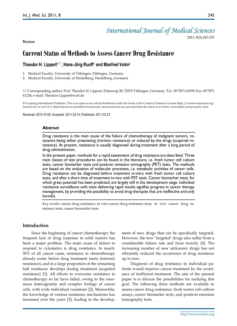 Báo cáo y học Current Status of Methods to Assess Cancer Drug Resistance