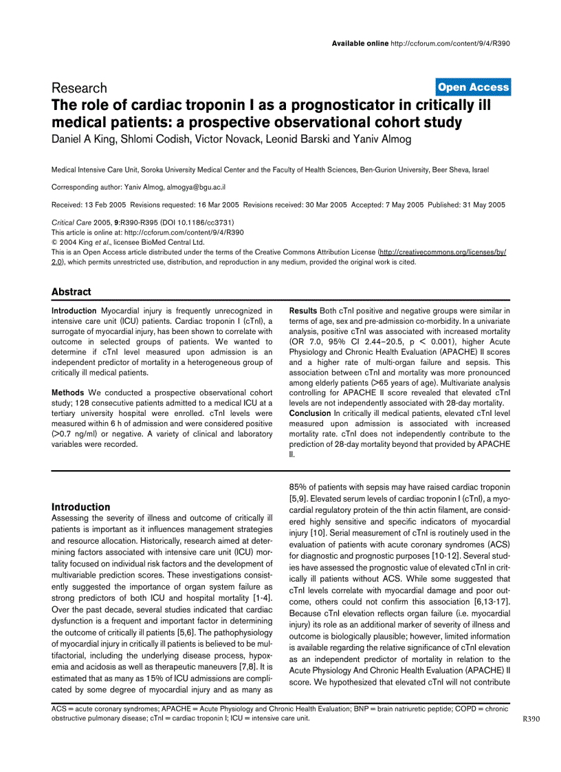 Báo cáo khoa học The role of cardiac troponin I as a prognosticator in critically ill medical patients a prospective observational cohort study