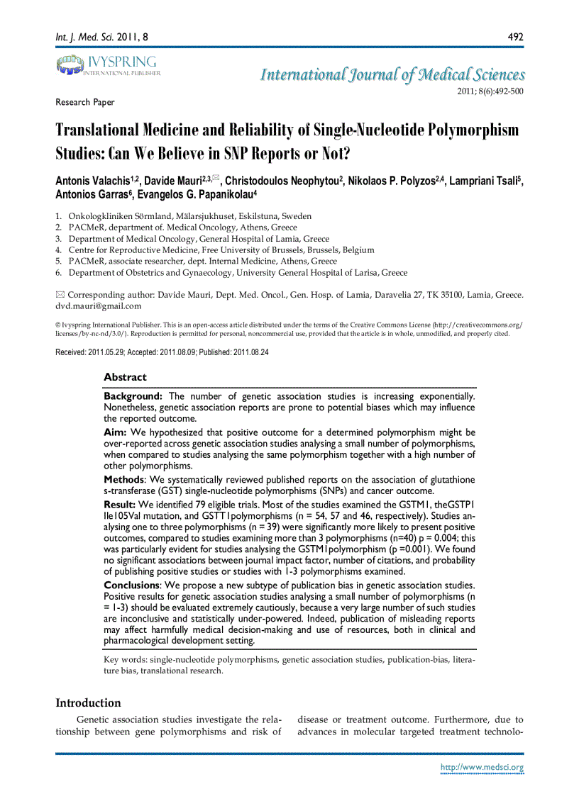 Báo cáo y học Translational Medicine and Reliability of Single Nucleotide Polymorphism Studies Can We Believe in SNP Reports or Not