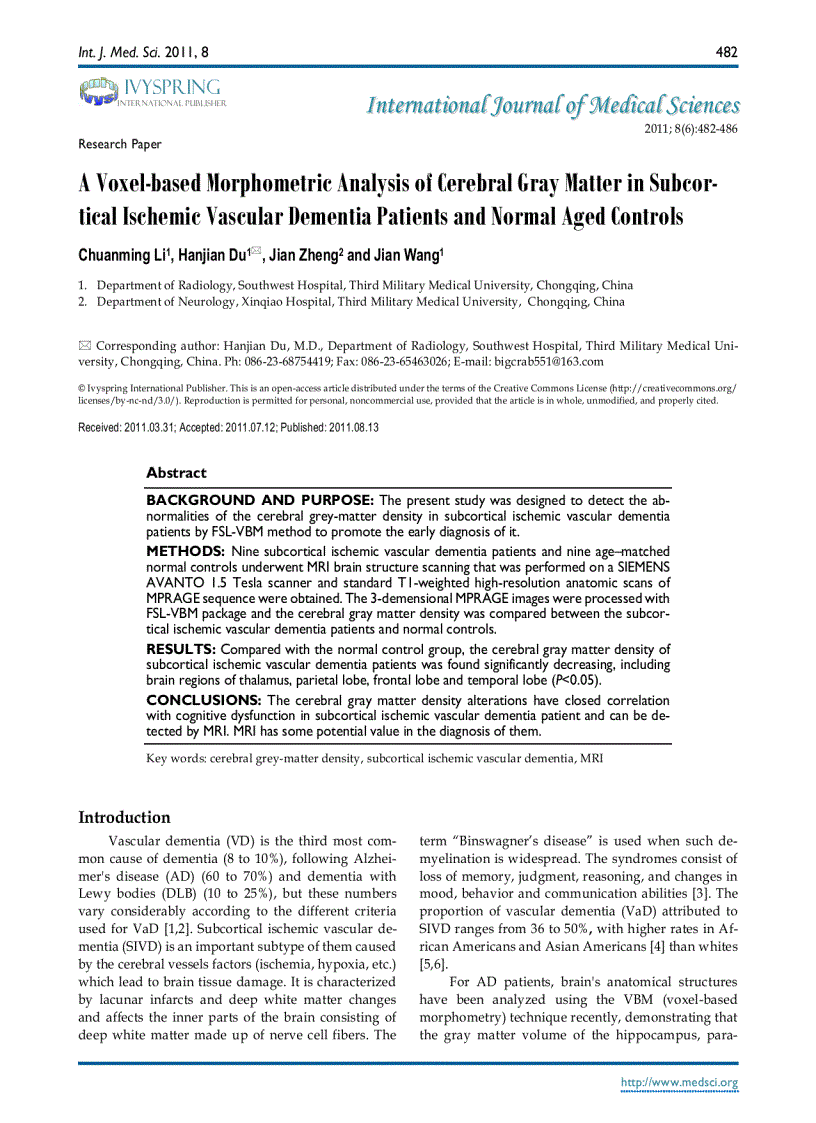 Báo cáo y học A Voxel based Morphometric Analysis of Cerebral Gray Matter in Subcortical Ischemic Vascular Dementia Patients and Normal Aged Controls