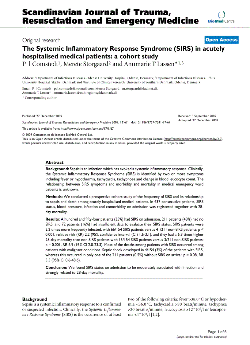 Báo cáo y học The Systemic Inflammatory Response Syndrome SIRS in acutely hospitalised medical patients a cohort study