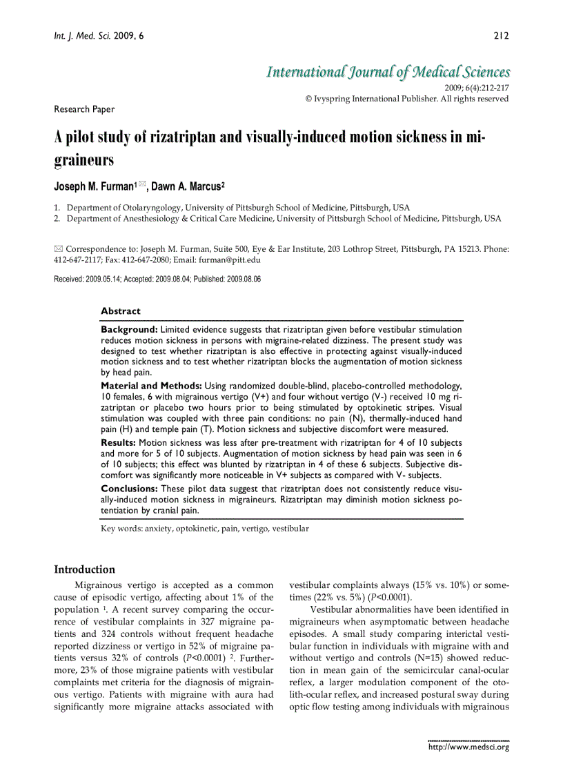 Báo cáo y học A pilot study of rizatriptan and visually induced motion sickness in migraineu