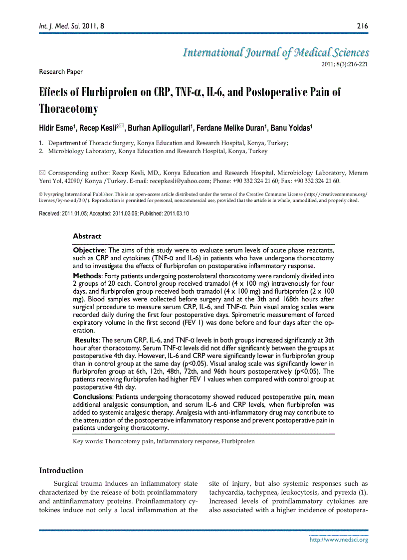 Báo cáo y học Effects of Flurbiprofen on CRP TNF α IL 6 and Postoperative Pain of Thoracotomy