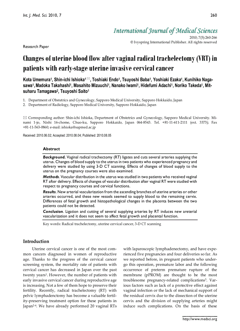 Báo cáo y học Changes of uterine blood flow after vaginal radical trachelectomy VRT in patients with early stage uterine invasive cervical cancer