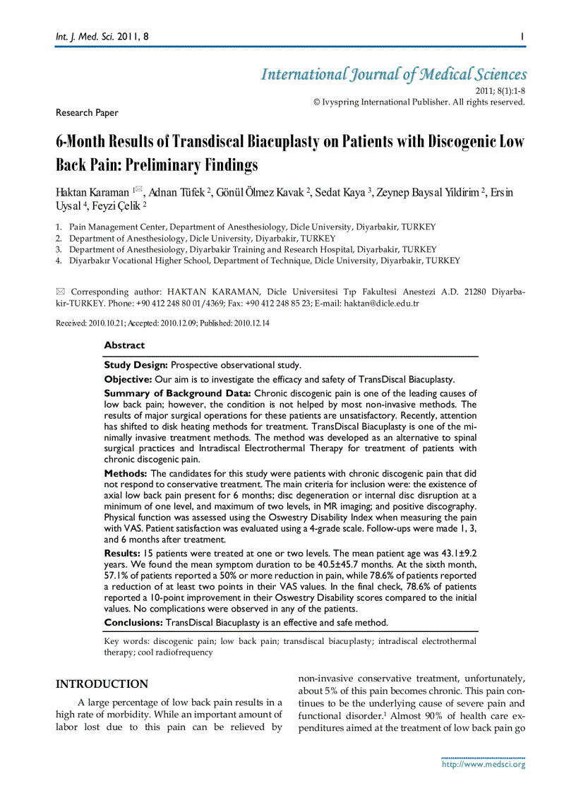 Báo cáo y học 6 Month Results of Transdiscal Biacuplasty on Patients with Discogenic Low Back Pain Preliminary Findings