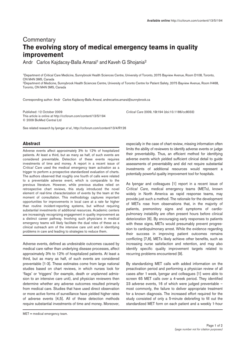 Báo cáo y học The evolving story of medical emergency teams in quality improvement