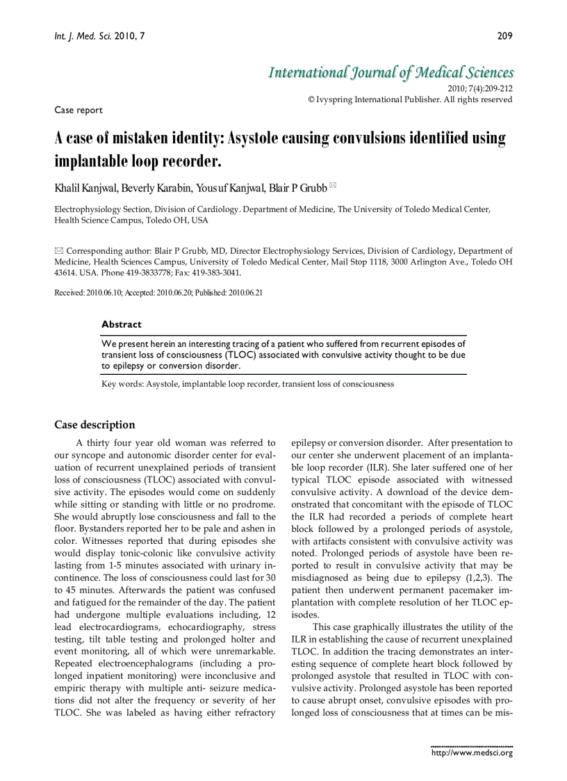 Báo cáo y học A case of mistaken identity Asystole causing convulsions identified using implantable loop recorder