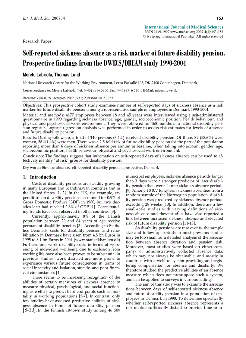 Báo cáo y học Self reported sickness absence as a risk marker of future disability pension Prospective findings from the DWECS DREAM study 1990 2004