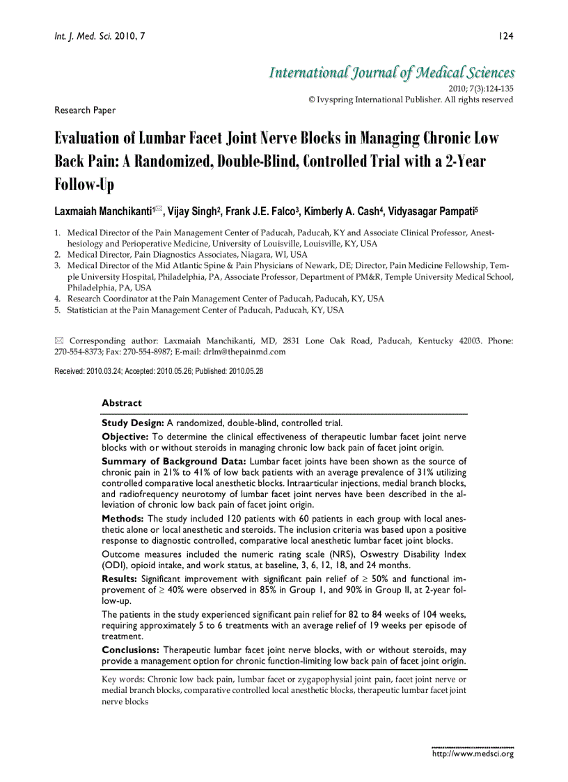 Báo cáo y học Evaluation of Lumbar Facet Joint Nerve Blocks in Managing Chronic Low Back Pain A Randomized Double Blind Controlled Trial with a 2 Year Follow U