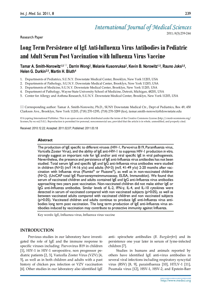 Báo cáo y học Long Term Persistence of IgE Anti Influenza Virus Antibodies in Pediatric and Adult Serum Post Vaccination with Influenza Virus Vaccine