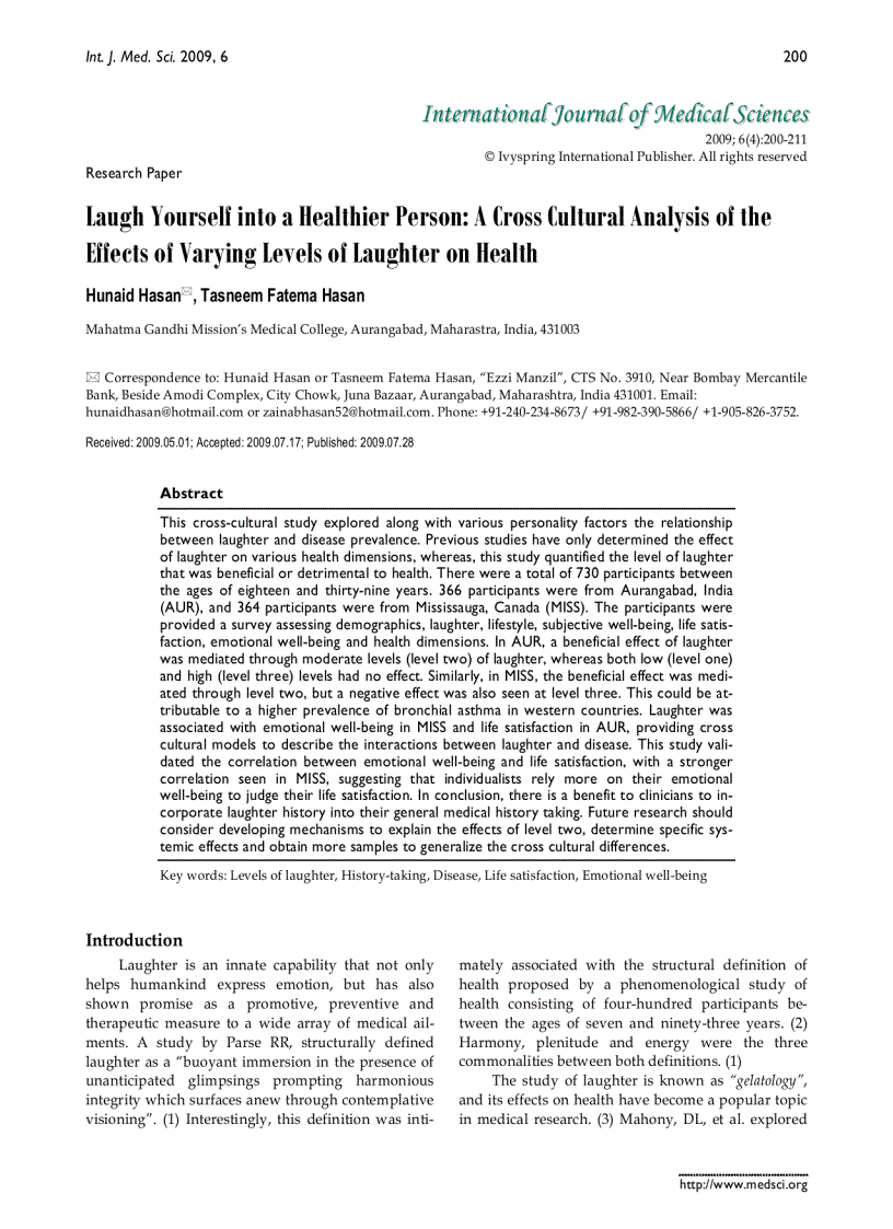 Báo cáo y học Laugh Yourself into a Healthier Person A Cross Cultural Analysis of the Effects of Varying Levels of Laughter on Health