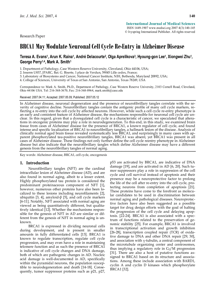 Báo cáo y học BRCA1 May Modulate Neuronal Cell Cycle Re Entry in Alzheimer Disease