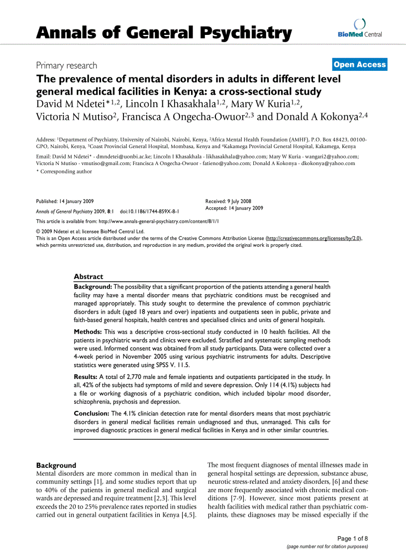 Báo cáo y học The prevalence of mental disorders in adults in different level general medical facilities in Kenya a cross sectional study