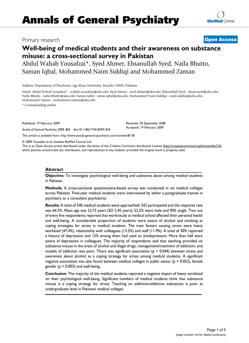 Báo cáo y học Well being of medical students and their awareness on substance misuse a cross sectional survey in Pakistan