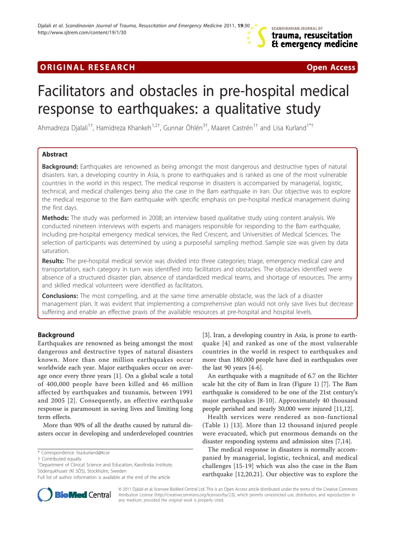 Báo cáo y học Facilitators and obstacles in pre hospital medical response to earthquakes a qualitative study