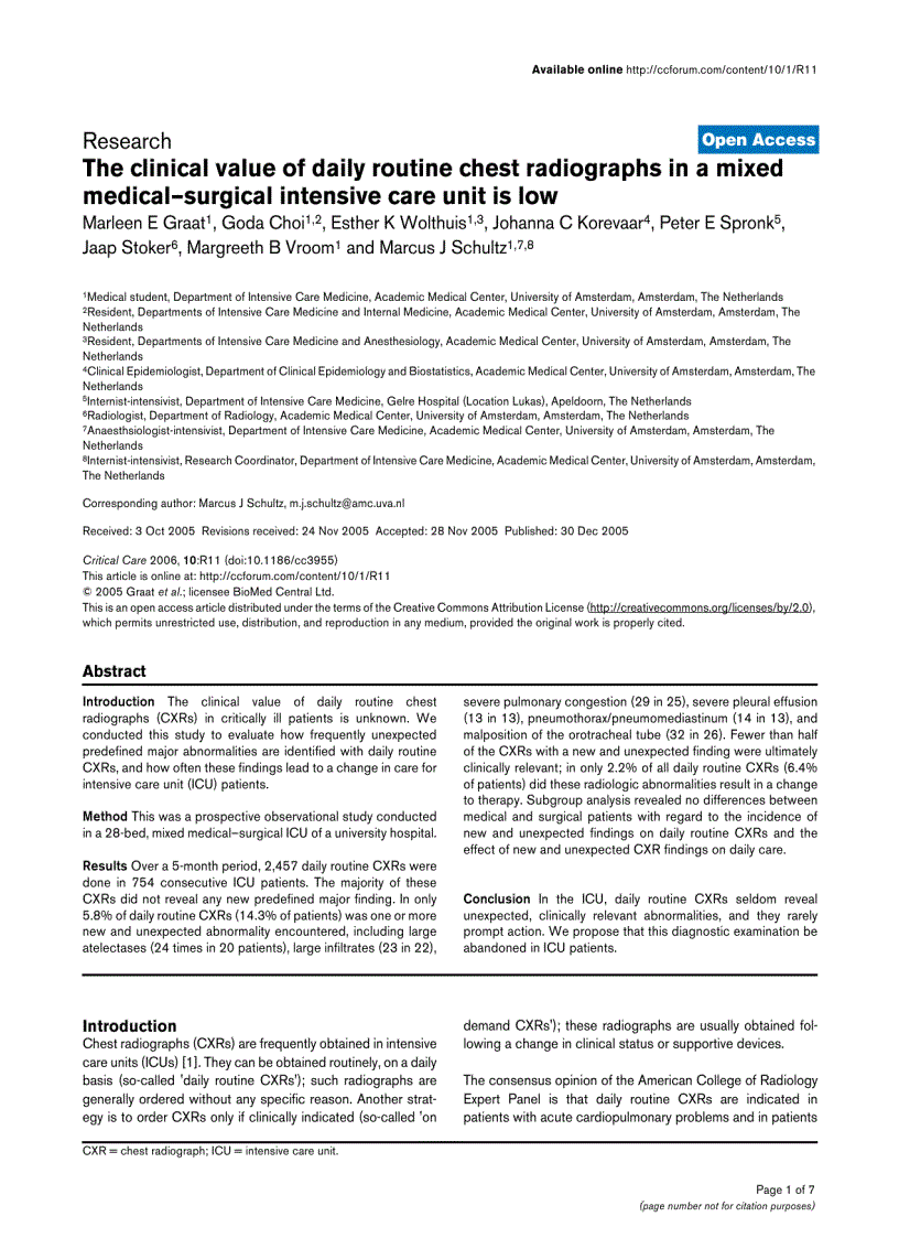 Báo cáo khoa học The clinical value of daily routine chest radiographs in a mixed medical surgical intensive care unit is low