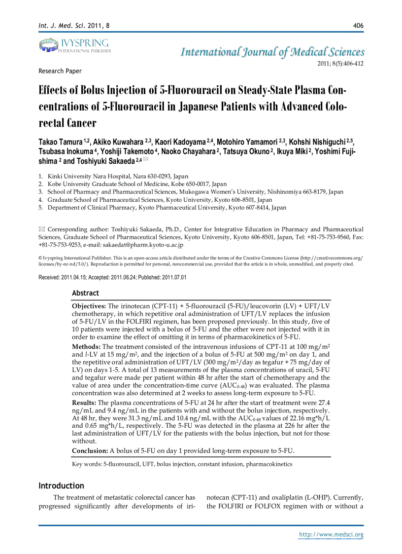 Báo cáo y học Effects of Bolus Injection of 5 Fluorouracil on Steady State Plasma Concentrations of 5 Fluorouracil in Japanese Patients with Advanced