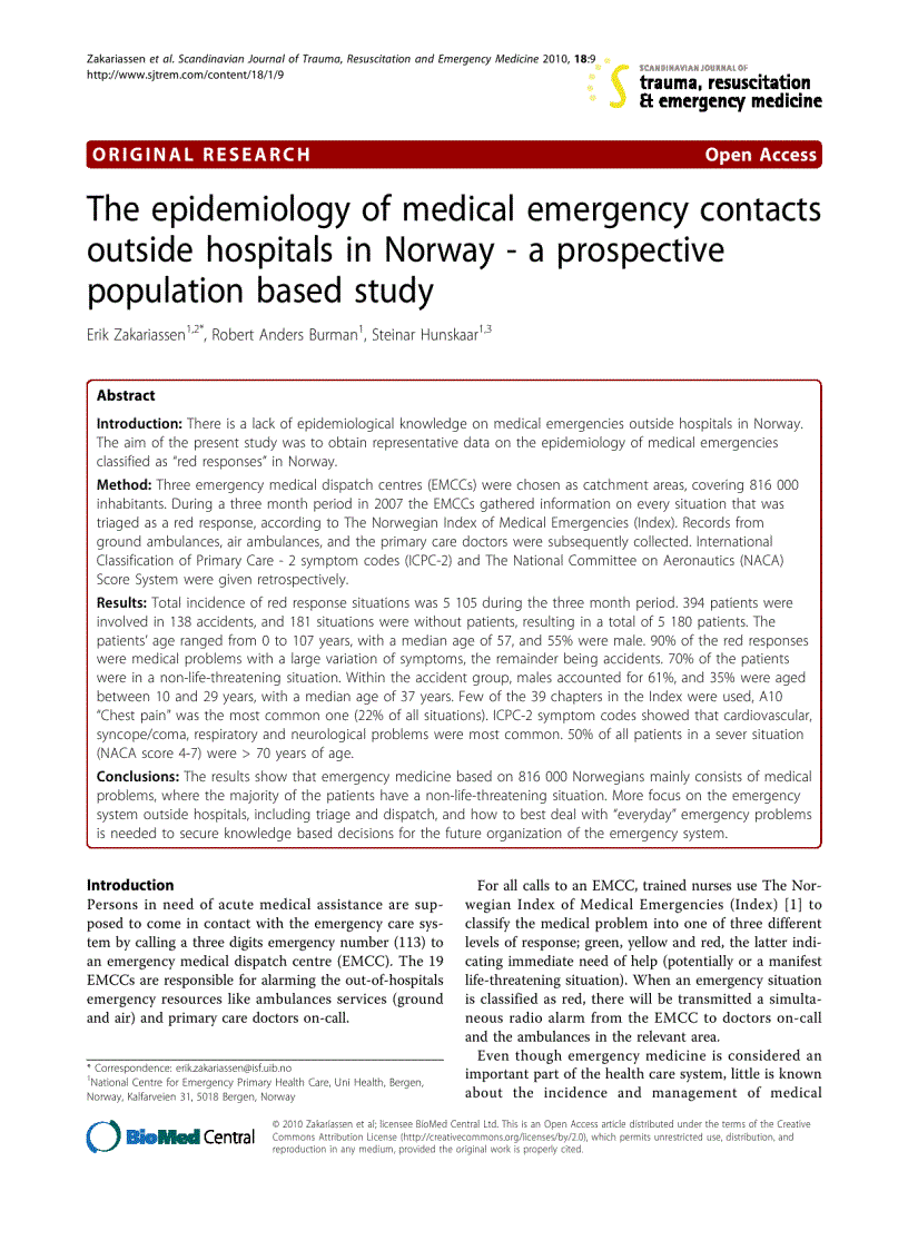 Báo cáo y học The epidemiology of medical emergency contacts outside hospitals in Norway a prospective population based study