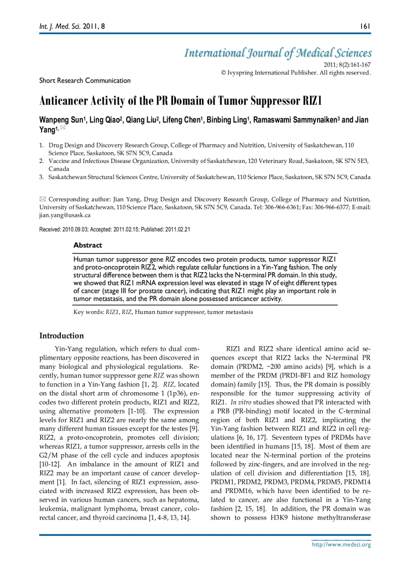 Báo cáo y học Anticancer Activity of the PR Domain of Tumor Suppressor RIZ1