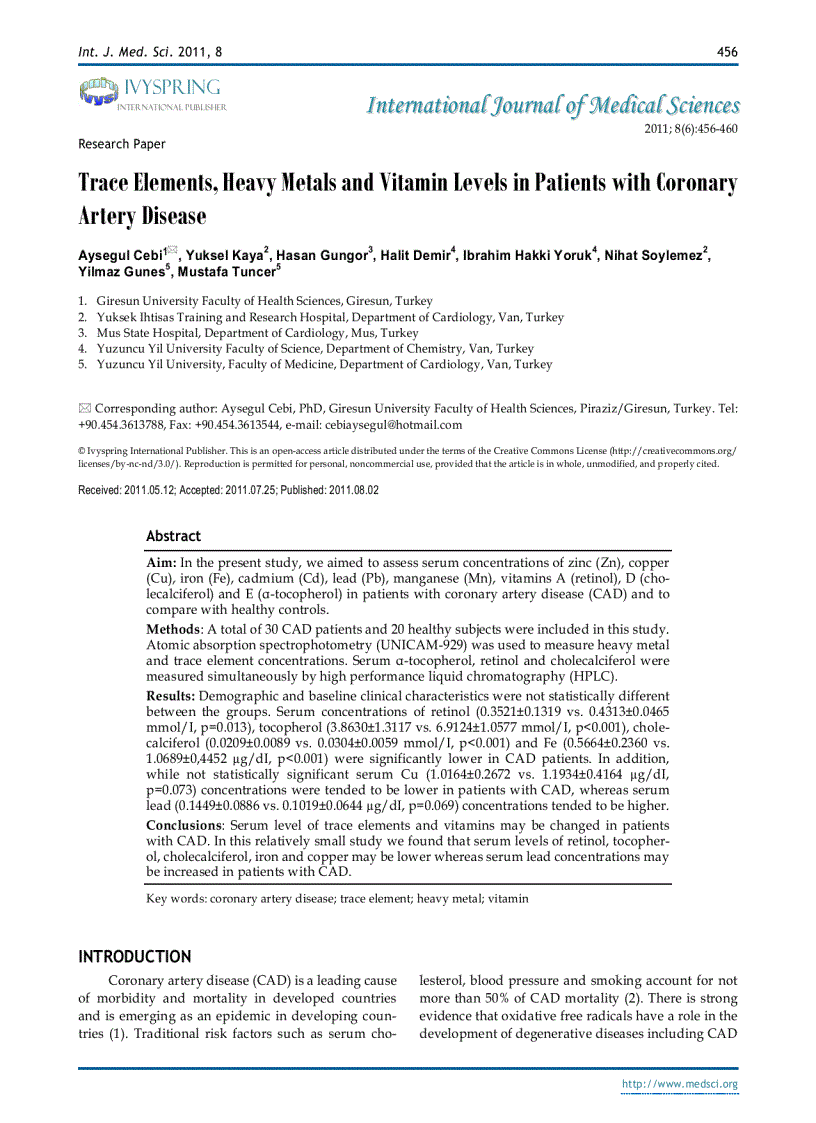 Báo cáo y học Trace Elements Heavy Metals and Vitamin Levels in Patients with Coronary Artery Diseas