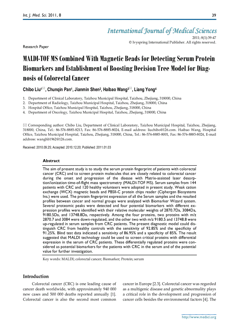 Báo cáo y học MALDI TOF MS Combined With Magnetic Beads for Detecting Serum Protein Biomarkers and Establishment of Boosting Decision Tree Model for Diagnosis of Colorectal Cancer