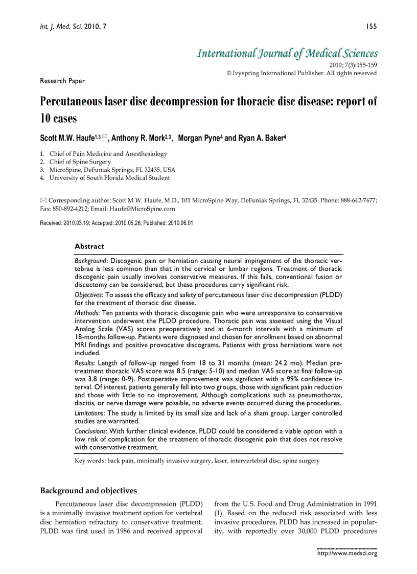 Báo cáo y học Percutaneous laser disc decompression for thoracic disc disease report of 10 cases