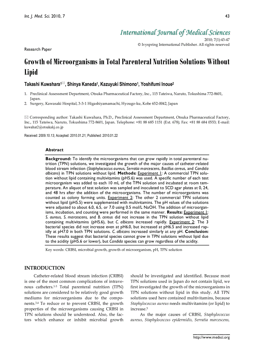 Báo cáo y học Growth of Microorganisms in Total Parenteral Nutrition Solutions Without Lipid