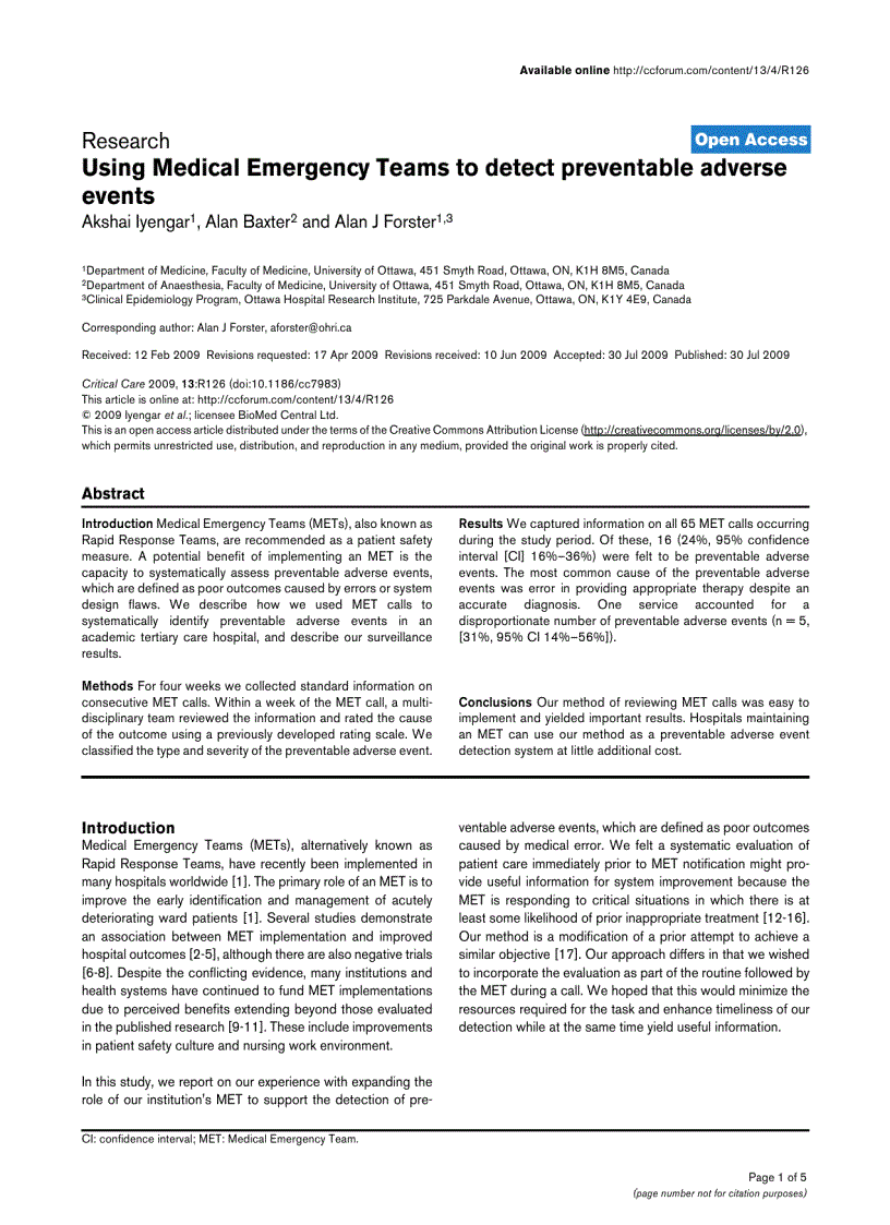 Báo cáo y học Using Medical Emergency Teams to detect preventable adverse events