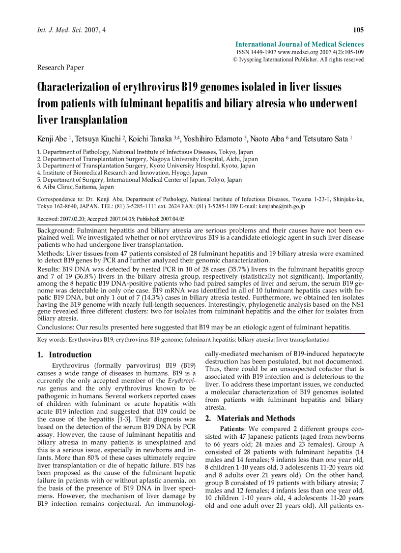 Báo cáo y học Characterization of erythrovirus B19 genomes isolated in liver tissues from patients with fulminant hepatitis and biliary atresia who underwent liver transplantation