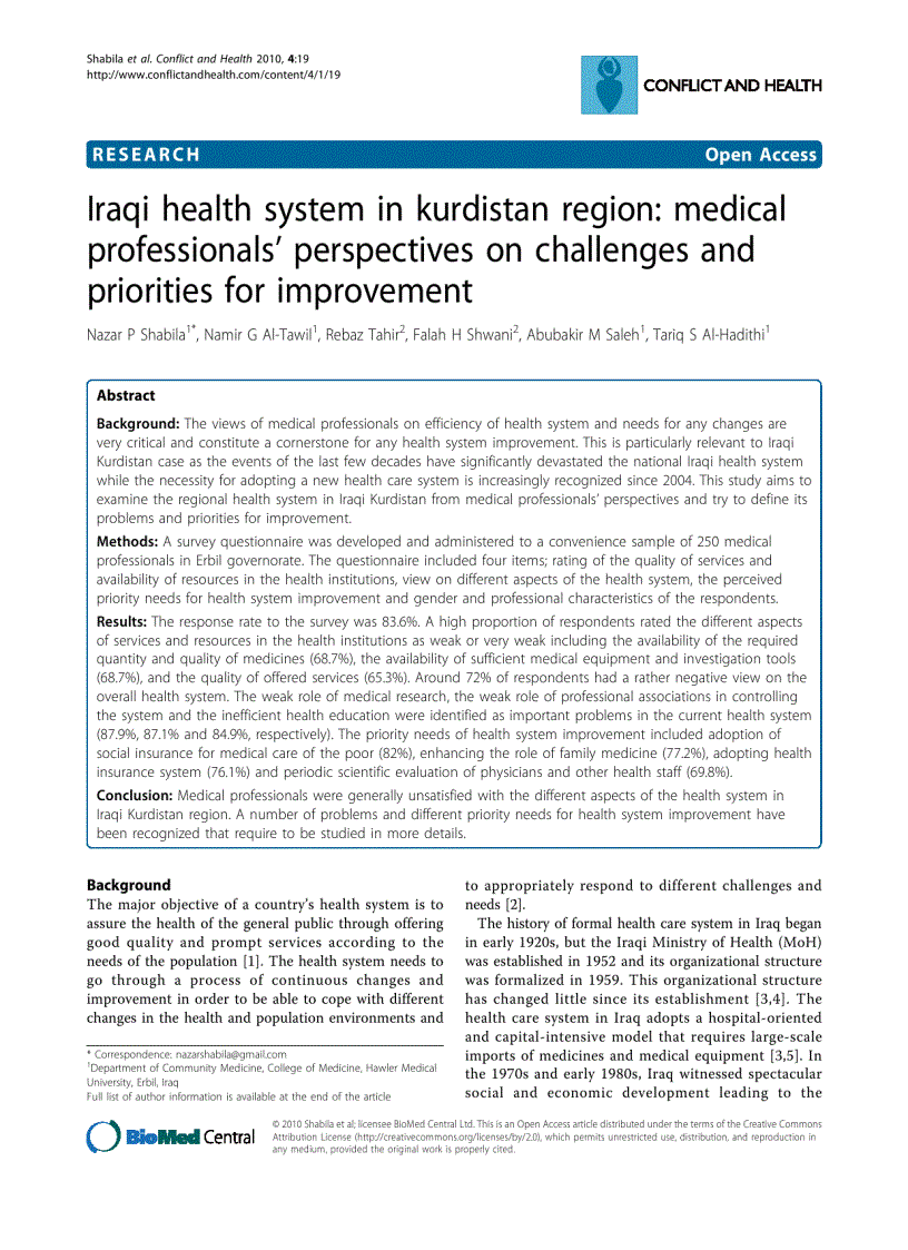 Báo cáo y học Iraqi health system in kurdistan region medical professionals perspectives on challenges and priorities for improvement