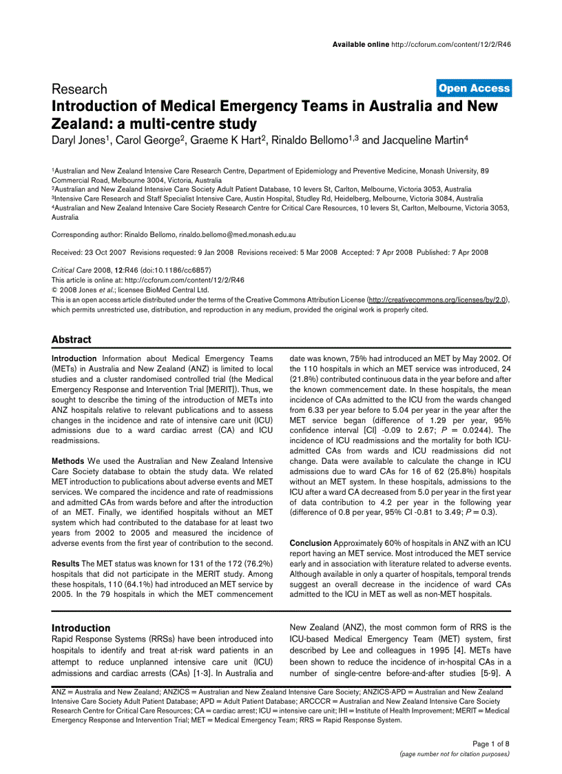 Báo cáo y học Introduction of Medical Emergency Teams in Australia and New Zealand a multi centre study