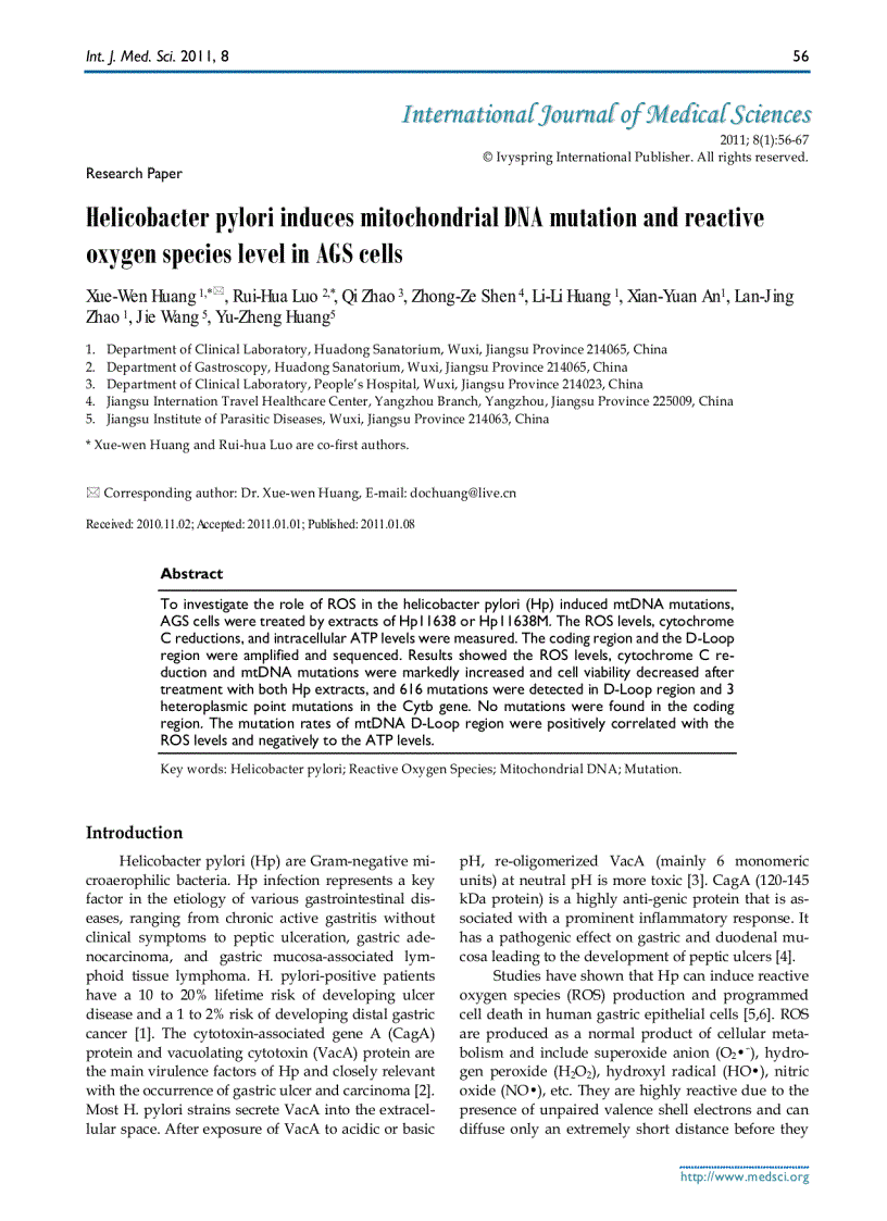 Báo cáo y học Helicobacter pylori induces mitochondrial DNA mutation and reactive oxygen species level in AGS cells