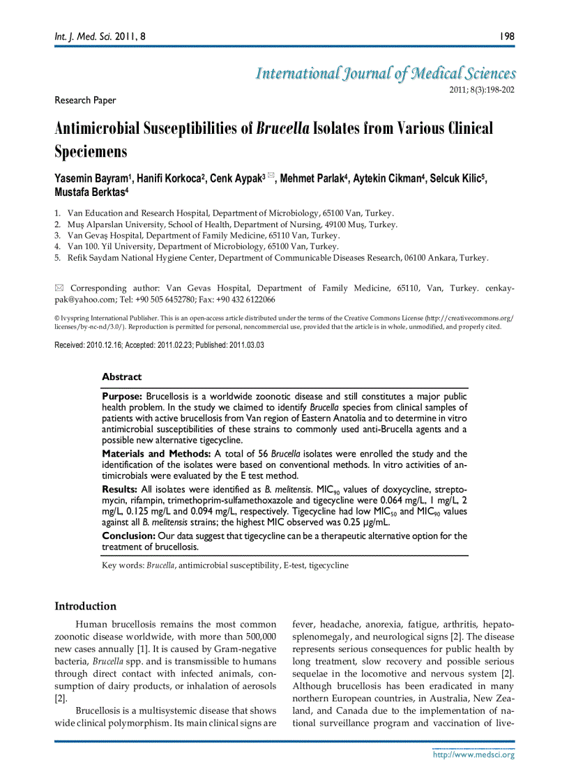 Báo cáo y học Antimicrobial Susceptibilities of Brucella Isolates from Various Clinical Speciemens