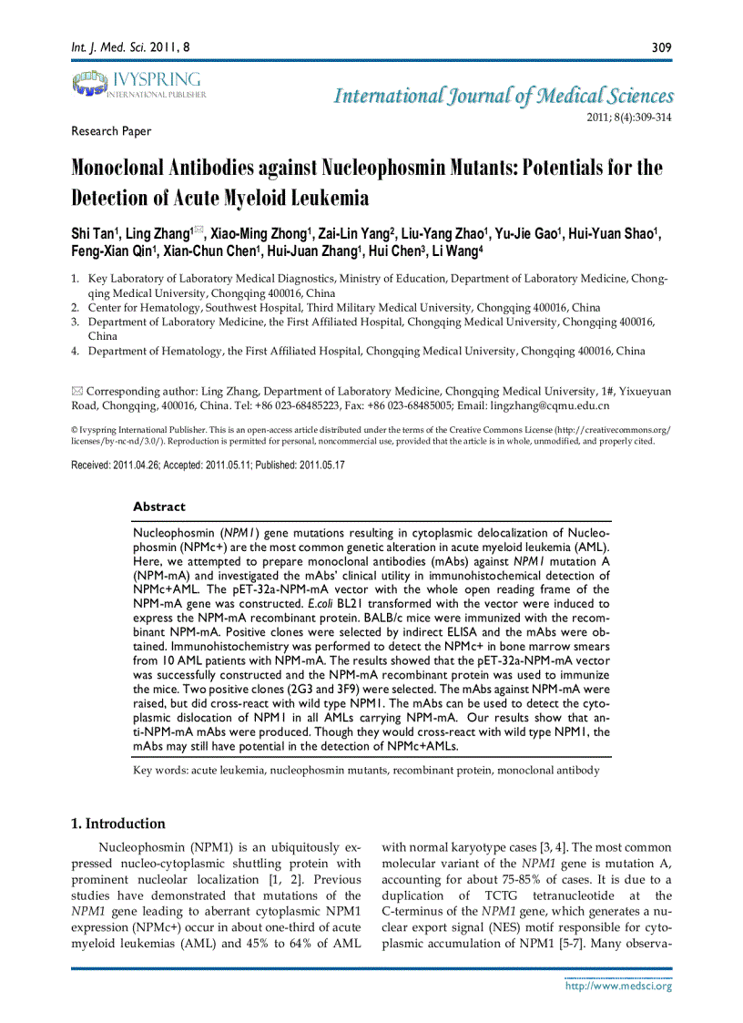 Báo cáo y học Monoclonal Antibodies against Nucleophosmin Mutants Potentials for the Detection of Acute Myeloid Leukemia