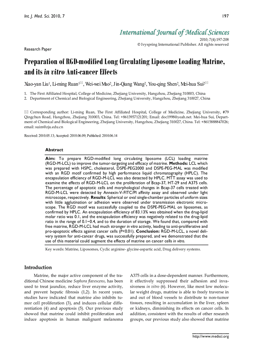 Báo cáo y học Preparation of RGD modified Long Circulating Liposome Loading Matrine and its in vitro Anti cancer Effects