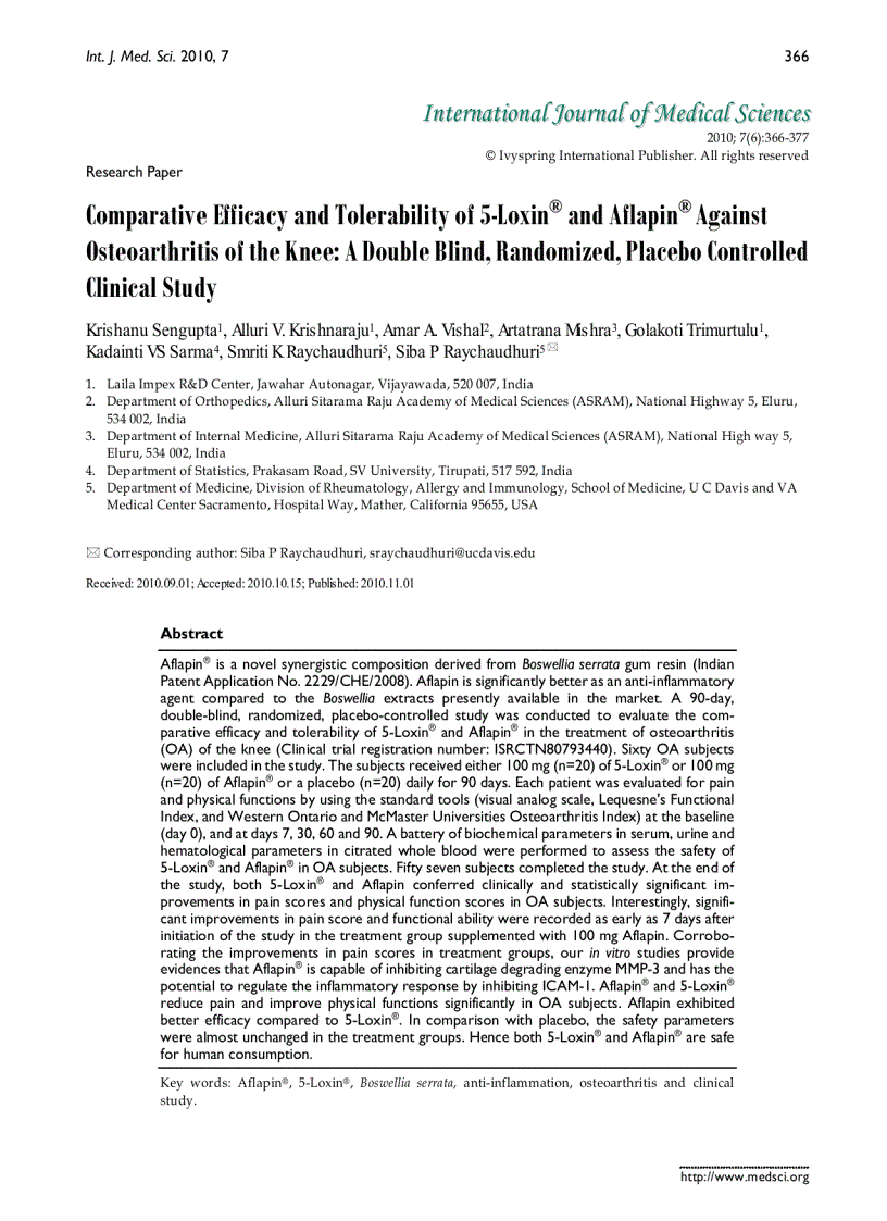 Báo cáo y học omparative Efficacy and Tolerability of 5 Loxin and Aflapin Against Osteoarthritis of the Knee A Double Blind Randomized Placebo Controlled Clinical Study