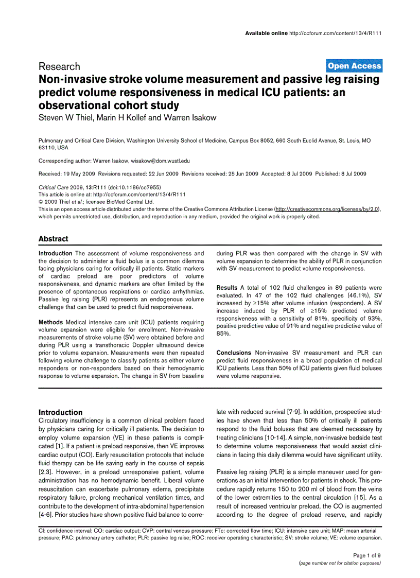 Báo cáo y học Non invasive stroke volume measurement and passive leg raising predict volume responsiveness in medical ICU patients an observational cohort study