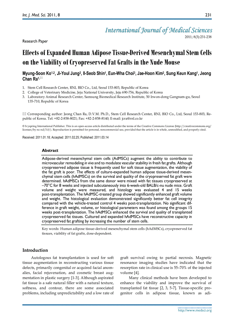 Báo cáo y học Effects of Expanded Human Adipose Tissue Derived Mesenchymal Stem Cells on the Viability of Cryopreserved Fat Grafts in the Nude Mous