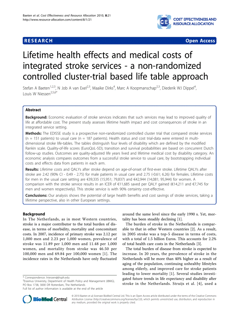 Báo cáo y học Lifetime health effects and medical costs of integrated stroke services a non randomized controlled cluster trial based life table approach