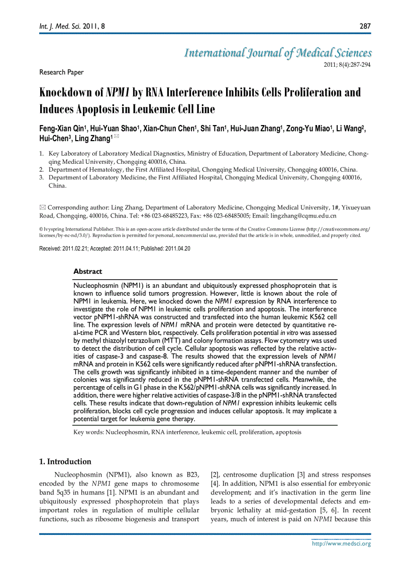 Báo cáo y học Knockdown of NPM1 by RNA Interference Inhibits Cells Proliferation and Induces Apoptosis in Leukemic Cell Line