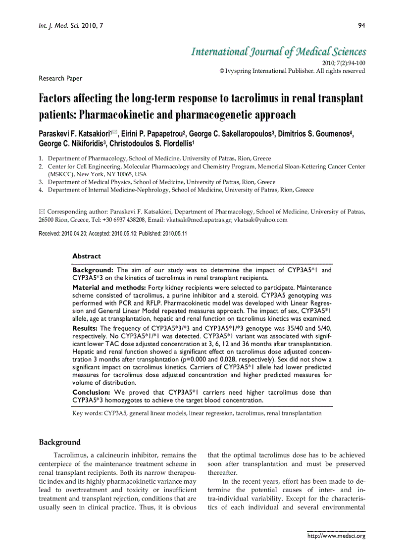 Báo cáo y học Factors affecting the long term response to tacrolimus in renal transplant patients Pharmacokinetic and pharmacogenetic approac