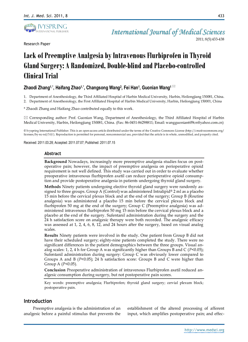 Báo cáo y học Lack of Preemptive Analgesia by Intravenous Flurbiprofen in Thyroid Gland Surgery A Randomized Double blind and Placebo controlled Clinical Trial