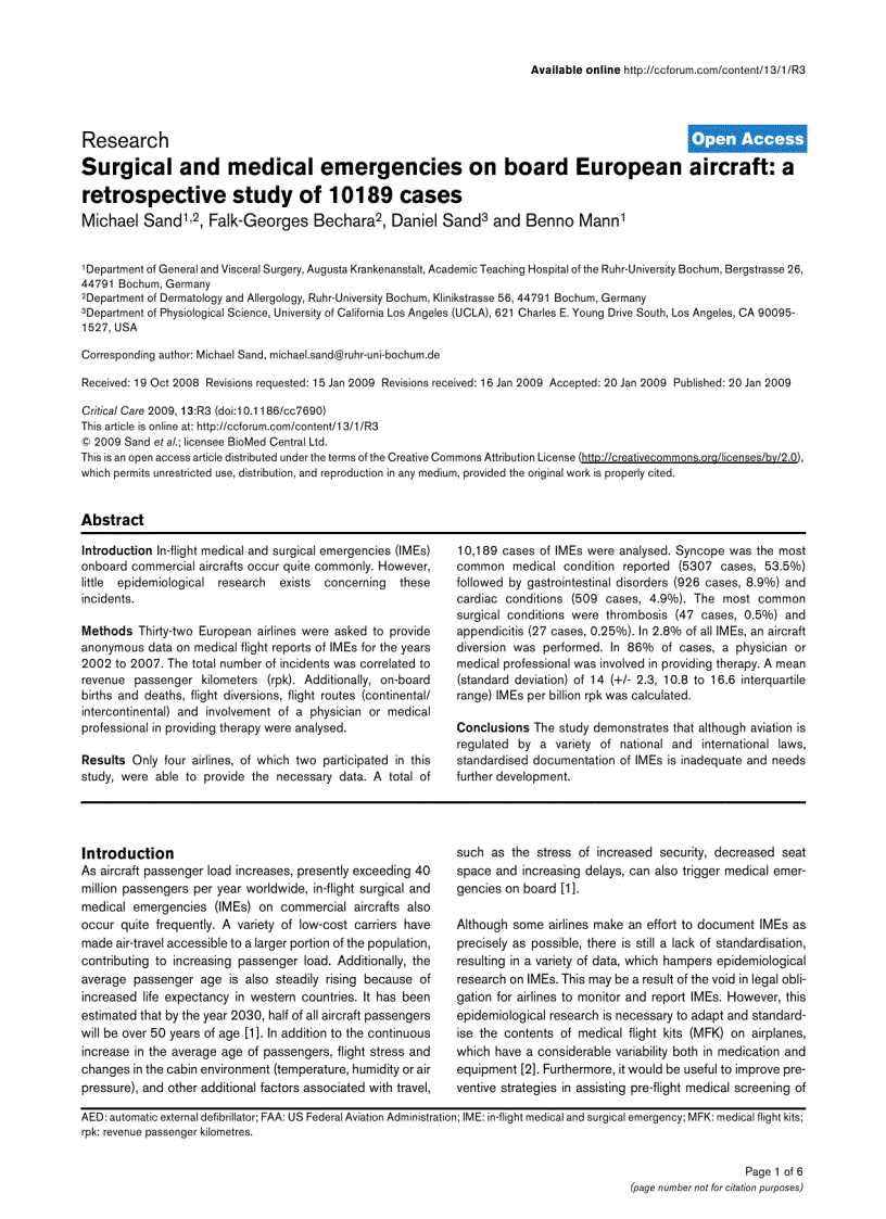 Báo cáo y học Surgical and medical emergencies on board European aircraft a retrospective study of 10189 cases